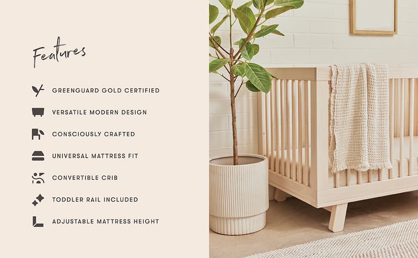 Babyletto Hudson 3-in-1 Convertible Baby Crib - GREENGUARD Gold Certified - Convertible Crib to Toddler Bed and Daybed - Baby Bed with 4 Adjustable Heights - Wooden Crib - Washed Natural