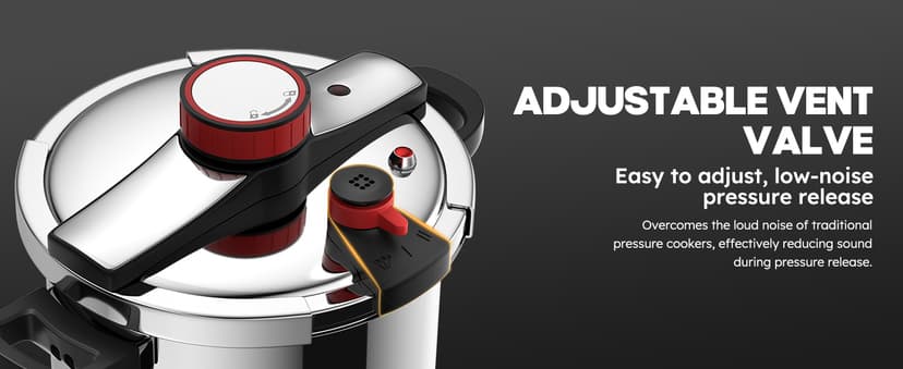 BreeRainz 8.45QT 304 Stainless Steel Pressure Cooker, 3-Stage PSI Settings, One-Hand Locking,Explosion-Proof Pot w/Extra Glass Lid, Timer, Steaming Rack(Induction Compatible)