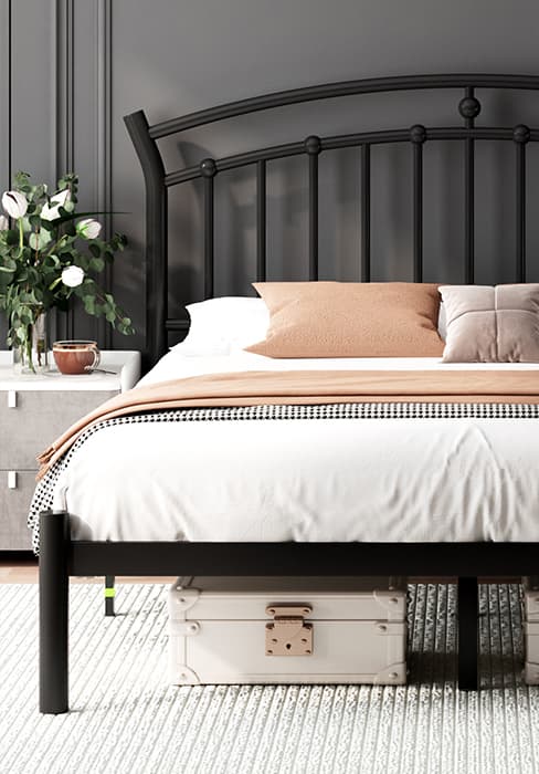 Feonase Full Size Metal Bed Frame, Heavy-Duty Platform Bed Frame with Linen Upholstered Headboard, 12" Storage Space, Steel Slats Support, No Box Spring Needed, Gray