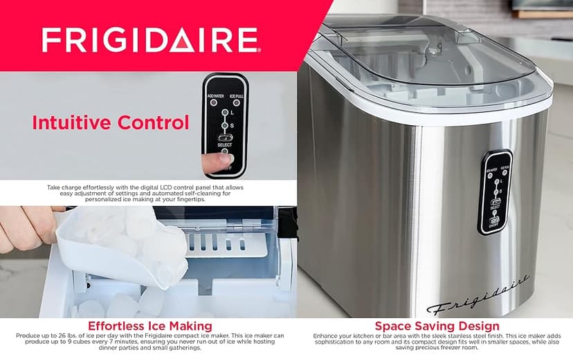 Frigidaire EFIC103-AMZ-SC Counter Top Maker with Over-Sized Ice Bucket, Stainless Steel, Self Cleaning Function, Heavy Duty, Stainless