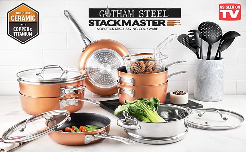 GOTHAM STEEL 10 Pc Copper Pots and Pans Set Non Stick Cookware Sets for Kitchen, Space Saving Pots and Pans with Fry Pan and Pot Set, Non Toxic, Nonstick Cookware Set, Oven and Dishwasher Safe