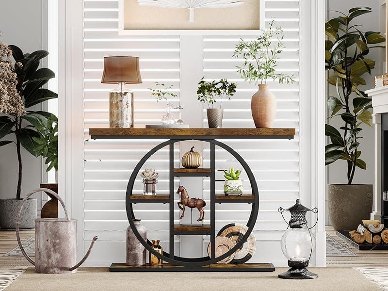 41" Console Table for Entryway, 4-Tier Industrial Narrow Wood Sofa Accent Tables with Circle Storage Shelves for Living Room, Hallway, Foyer (Rustic Brown)