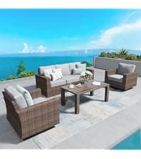 HDPE Outdoor Patio Furniture 4-Piece Set, All Weather Modern Patio Conversation Sets with Wood-grain Extended Table, Outdoor Patio Couch Set, Black Frame with Beige 4.7" Thick Cushions