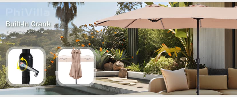 PHI VILLA 15ft Large Patio Umbrellas with Base Included, Outdoor Double-Sided Rectangle Market Umbrella with Stand, Outside Umbrellas for Poolside Lawn Backyard, Beige