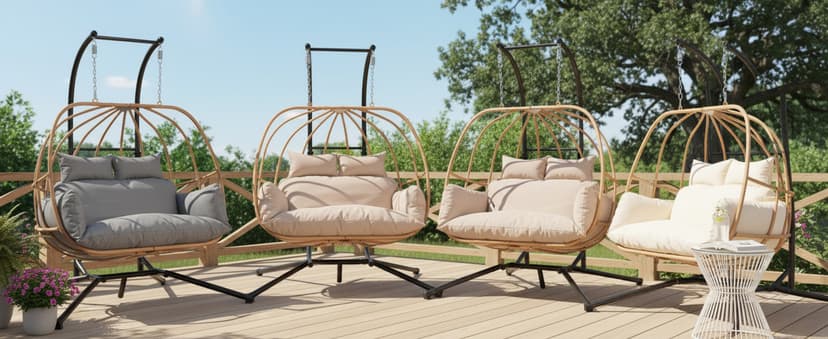 Double Egg Chair Outdoor, Egg Swing Chair with Stand, Hanging Egg Chair Outdoor with Cushions/Headrest, 80" H Hanging Chairs with Stand Indoor, Metal Basket Swing Egg Chairs for Deck, Khaki