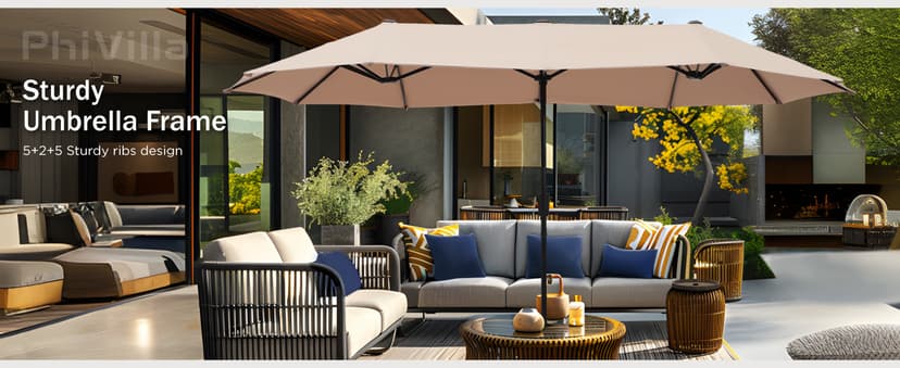 PHI VILLA 13ft Large Patio Umbrella Double-Sided Twin Outdoor Market Umbrella with Crank, Beige
