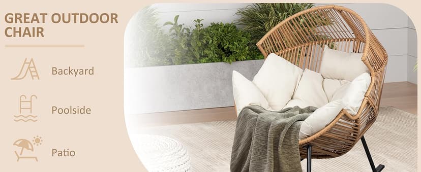 Shintenchi Wicker Egg Chair,Oversized Outdoor Indoor Rocking Chair,Large PE Rattan Rocking Chair with Cushion for Patio, Balcony, Backyard, Garden, Beige