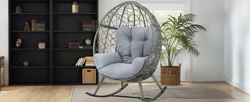 DWVO Wicker Rocking Egg Chair, Oversized Indoor Outdoor Rattan Rocking Chair, Indoor Outdoor Lounger for Patio, Backyard, Living Room, Light Gray