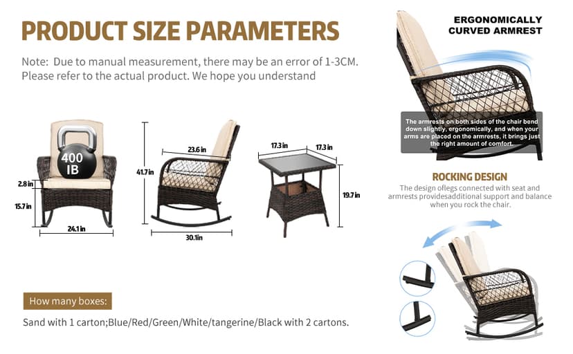 LEVELEVE 3 pcs Rocking Bistro Set Conversation Chairs PE Wicker Outdoor Rocking Chairs & Glass Table,for Porch Lawn Garden Backyard Deck(Rocking Set,Khaki)