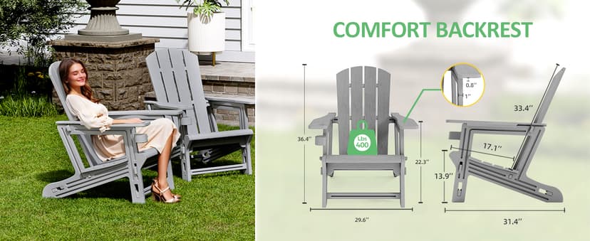 Adirondack Chair Set of 6, HDPE Plastic Adirondack Chairs, All Weather Fire Pit Chairs with Cup Holder, Outdoor Lawn Chair for Patio, Garden, Backyard, Grey