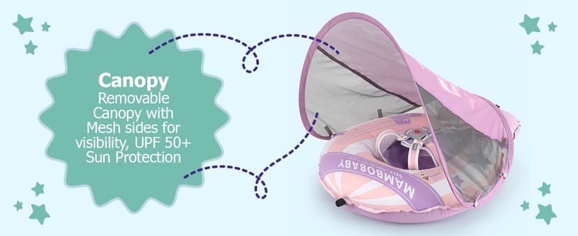 MAMBOBABYFLOAT Light Traveler 2025 — Safe, Comfortable, Adjustable Baby Pool Float with Canopy — Sun Protection, Self-Inflating, 5-Way Buckle System (Hot Air Balloon, Pink)
