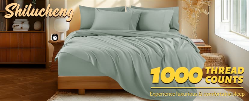 Shilucheng 100% Egyptian Cotton Queen Size Sheets Set - 1000 Thread Count,Luxury Cotton Bed Sheets,Breathable & Cooling Bedding and Pillow Cases, 16 Inch Deep Pocket - 4 Piece (Sea Glass, Queen)