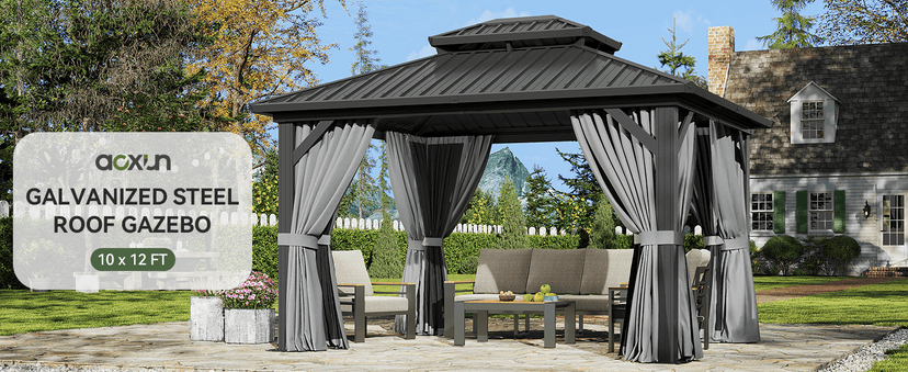 Aoxun 12'x10' Hardtop Gazebo, Aluminum Frame Permanent Pavilion with Curtains and Netting, Outdoor Galvanized Double Roof Canopy, Designed for Garden, Lawns, Patio (Black/Grey)