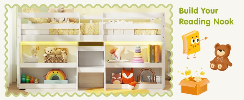 Giantex Low Loft Bed with LED Lights, Wooden Loft Bed Twin Size with Stairs & Safety Guardrail, Loft Bed for Kids with Storage Bookcase and Under-Bed Play Space, Grey