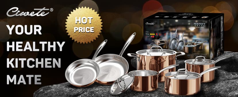 Whole Tri-ply 18/10 Stainless Steel Pot and Pan Set (10 Piece), Copper Pots and Pans Set with Stainless Steel Lid, Induction Cookware Set, Include Stock Pot, Saucepan, Frying Pan - Copper