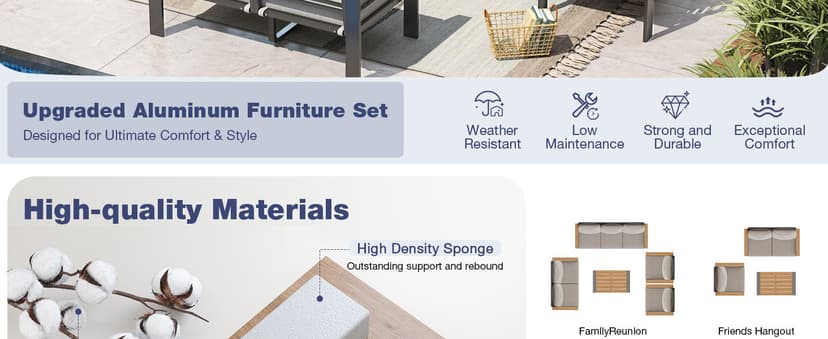 Aoxun Aluminum Patio Furniture Set 7 Seats, Oversized Outdoor Sectional with Washable Thick Cushions, Coffee Table and Waterproof Cover, Patio Conversation Sets for Porch, Balcony, Deck