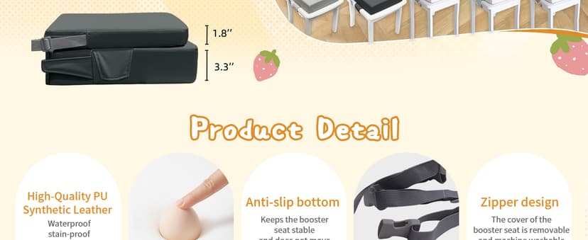 Booster Seat for Dining Table, PU Anti-Scratch Easy Cleaning Kids Toddler Booster Seat for Table, Portable Travel Increasing Cushion for Chair - Dark Grey