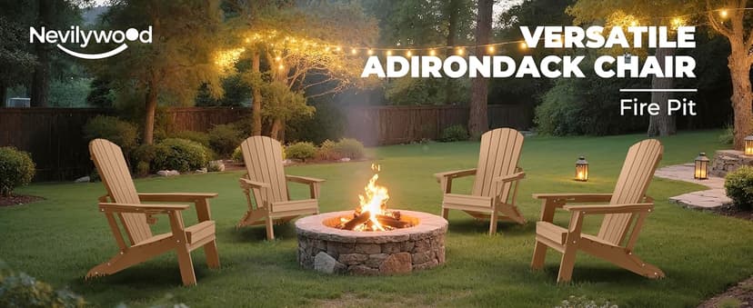 nevilywood Folding Adirondack Chair - Extended Ergonomic Backrest, Cup Holder - Easy Assembly - Durable HDPE Plastic, Weather Resistant & Maintenance-Free - Lawn, Patio, Deck Supports 400lbs Teak