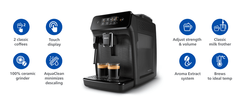 PHILIPS 1200 Series Fully Automatic Espresso Machine, Classic Milk Frother, 2 Coffee Varieties, Intuitive Touch Display, 100% Ceramic Grinder, AquaClean Filter, Aroma Seal, Black (EP1220/04)