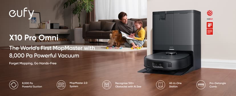 eufy X10 Pro Omni Robot Vacuum and Mop Combo, 8,000 Pa Suction, Dual Mops with 12 mm Auto-Lift and Carpet Detection, AI Obstacle Avoidance, Auto Mop Washing, Auto Drying, Self-Emptying, Self-Refilling