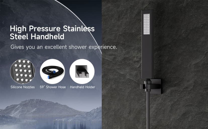 Smart Shower System with Body Jets, Black Shower Head and Handle Set,16" Ceiling Mount Rainfall Waterfall Shower Jets System with Tub Spout,Thermostatic Shower System Bathroom with Music and Led Light