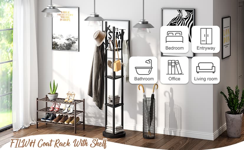 FILWH Bamboo Coat Rack Rotary Freestanding with Shelf Coat Tree Stand for Hallway Entryway with 9 Hooks and 3 Storage Shelves (Black)
