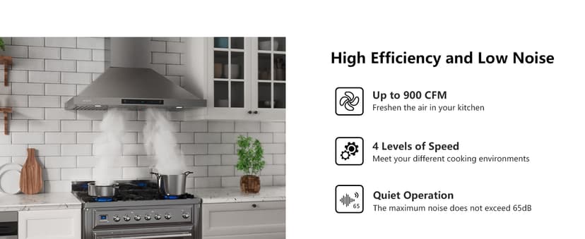 IKTCH 36-inch Wall Mount Range Hood 900 CFM Ducted/Ductless Convertible, Kitchen Chimney Vent Stainless Steel with Gesture Sensing & Touch Control Switch Panel, 2 Pcs Adjustable Lights(IKP02-36'')