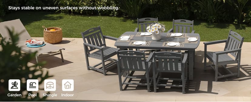HDPE Outdoor Dining Set 7-Piece Patio Table and Chairs with Umbrella Hole, All-Weather Patio Dining Set for 6, Durable Patio Furniture Set for Backyard, Garden, Lawn & Poolside, Grey