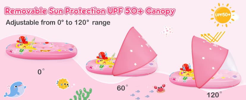 EZIGO Baby Pool Float with Canopy UPF50+ Sun Protection, Inflatable Kids Pool Floats with Ocean Animal Toys for Baby 6-36 Months, Infant Swimming Float with Adjustable Safety Seat for Boys Girls