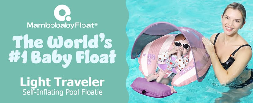 MAMBOBABYFLOAT Light Traveler 2025 — Safe, Comfortable, Adjustable Baby Pool Float with Canopy — Sun Protection, Self-Inflating, 5-Way Buckle System (Hot Air Balloon, Pink)