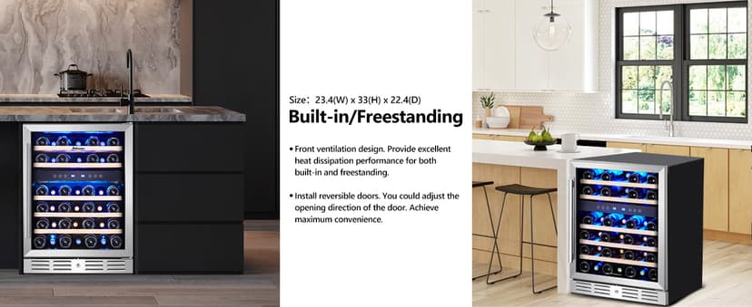 Kalamera 24 inch Wine Cooler, 46 Bottle - Dual Zone Built-in or Freestanding Fridge with Stainless Steel Reversible Glass Door, for Home, Kitchen, or Office.