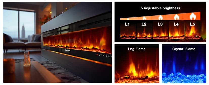 Electric Fireplace 60Inch,Wall Mounted Electric Fireplace Heater with Timer Inserts,TV Stand Touch Screen and Realistic Flame,Log Set,Crystal Flames 750 to 1500W,Remote for Living Room