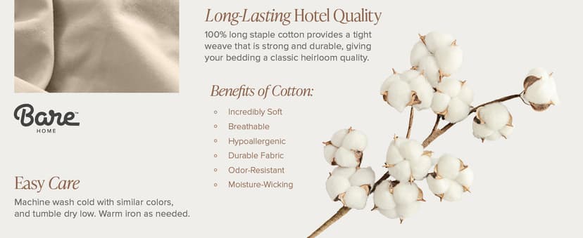 Bare Home 100% Organic Cotton Full XL Sheet Set - Crisp Percale Weave - 260 Thread Count - Lightweight & Breathable - Bedding Sheets & Pillowcases (Full XL, White)