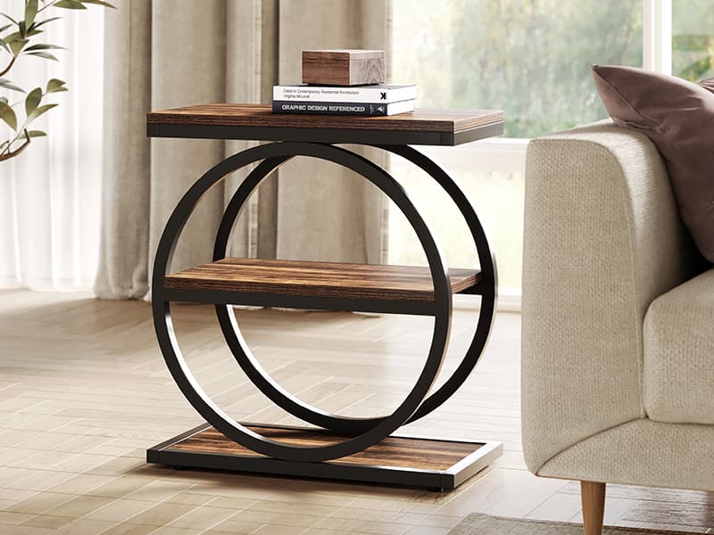 LITTLE TREE End Table, 3-Tier Side Table, Slim Sofa Side Table for Living Room, Tall Bedside Table Nightstand for Bedroom, Rustic Brown and Black