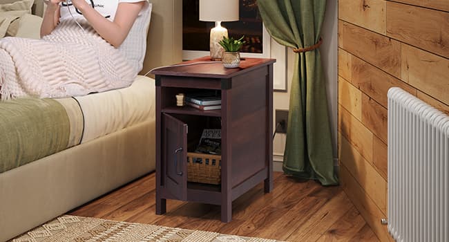 WLIVE End Table with Charging Station, Narrow Side Table for Living Room, Farmhouse Night Stand with Storage, Small Wooden Cabinet with USB Ports and Outlets for Living Room and Bedroom, Espresso