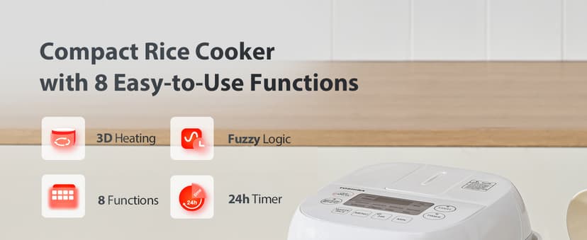 TOSHIBA Mini Rice Cooker, 3 Cups Uncooked Small Rice Cooker, Steamer & Warmer, With Fuzzy Logic And One-Touch Cooking, 24 Hour Delay Timer And Auto Keep Warm Feature, White
