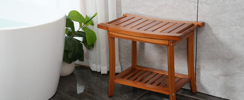 Utoplike Teak Shower Bench Seat with Handles, Portable Wooden Spa Bathing Stool with Storage Towel Shelf, 22" x 13" x 18.6", Perfect for Indoor and Outdoor Use