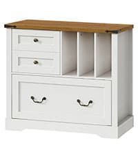 55'' Farmhouse Executive Desk with Drawers, Computer Desk with File Cabinet and Side Bookshelf, Writing Gaming Desk with Monitor Stand & Charging Station, White and Walnut