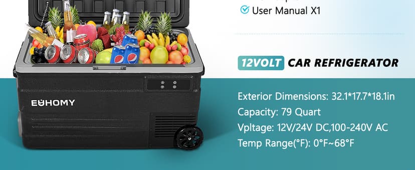 EUHOMY 12 Volt Refrigerator, 80QT(75L) 12V Fridge, Electric Cooler APP Control, Car Fridge 12/24V DC 110-240V AC, Car Refrigerator 0℉~68℉, 12 Volt Cooler for Camping, Trip, Truck, Boating, Outdoor