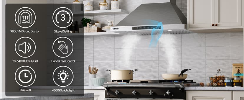 Wall Mount Range Hood 36 inch,Kitchen Vent Hoods 980 CFM Ducted/Ductless Range Hood,with Gesture Sensing & Touch Control Switch Panel, 3 Speed Exhaust Fan Permanent Filter