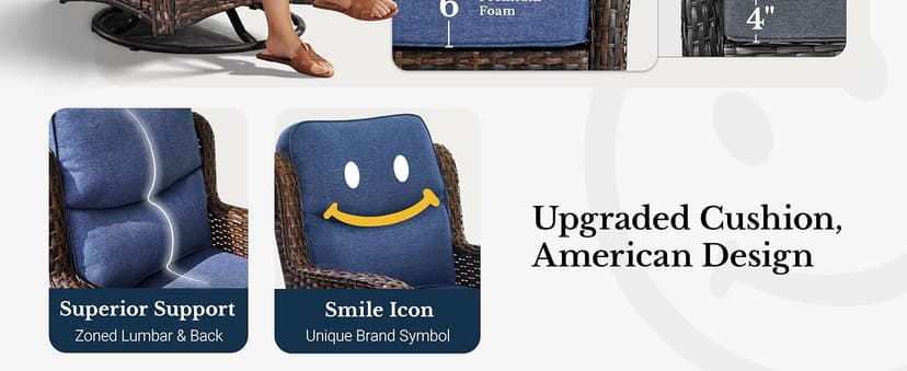 HILLGA Luxury Patio Furniture Set with 6-inch Thick Cushion, Outdoor Couch and High Back Swivel Rocker Patio Chairs, 7PCS Wicker Conversation Set for Deck Yard and Poolside, Blue (V2)