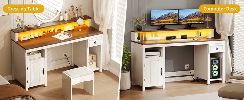 DWVO Farmhouse Office Desk with Drawer & Power Outlets, Wood Computer Desk w/LED Strip & Monitor Stand for Bedchamber Study, Home Office Table with Storage Cabinet for Working Writing Gaming (White)