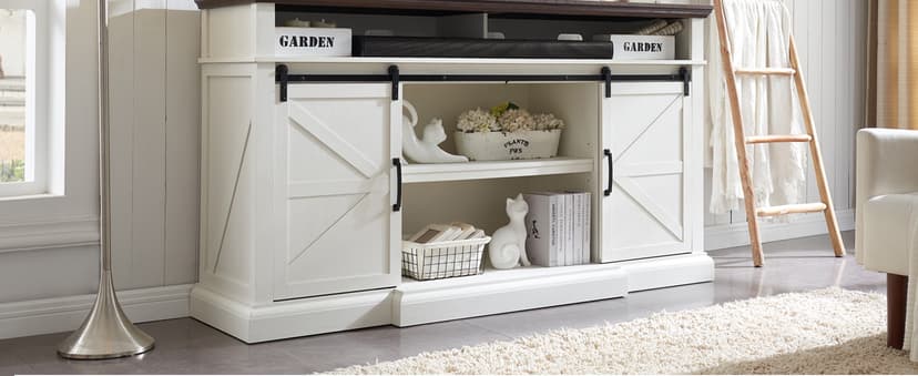 Farmhouse TV Stand for 80 Inch TVs, 38" Tall Entertainment Center w/Storage Cabinets and Sliding Barn Door, Media Console Cabinet w/Soundbar & Adjustable Shelves for Living Room, 69inch (White)