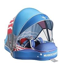 MAMBOBABYFLOAT Light Traveler 2025 — Safe, Comfortable, Adjustable Baby Pool Float with Canopy — Sun Protection, Self-Inflating, 5-Way Buckle System (Hot Air Balloon, Pink)