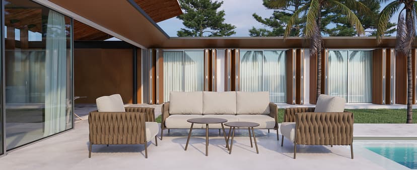 EAST OAK Life Chatter Patio Furniture Set 5 Pieces, Outdoor Furniture 5-Seat Sofa with Two Round Coffee Table, Waterproof Thick Cushion Deep Seating for Porch, Balcony, Chestnut Brown & Creamy Apricot