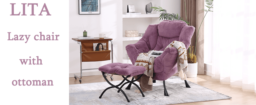 LITA Lazy Chair with Ottoman, Modern Accent Leisure Upholstered Lazy Sofa Armchair, Contemporary Lounge Reading Chair with Armrests and a Side Pocket for Living Room, Bedroom & Small Space, Dark Grey