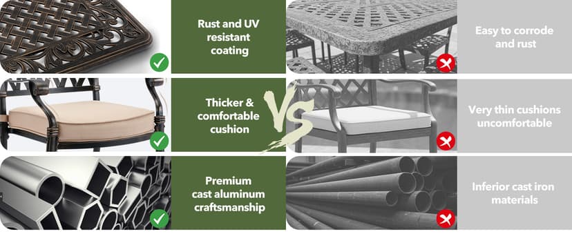 7 Piece Outdoor Dining Set Cast Aluminum, Retro Patio Dining Furniture Set for 6 Includes 59” Rectangular Table 2 Swivel Chairs with Thicker Cushions and Umbrella Hole for Patio Deck Garden