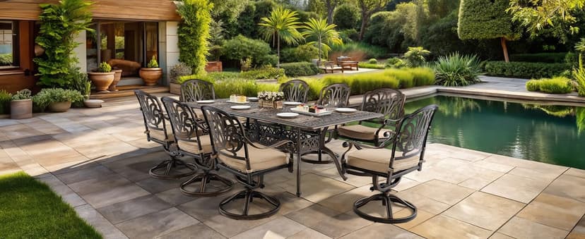 9 Piece Cast Aluminum Outdoor Dining Set, Retro Patio Dining Furniture Set for 8 Includes 86” Table 2 Swivel & 6 Stackable Lattice Chairs with Cushions and 2“ Umbrella Hole for Porch Poolside Garden