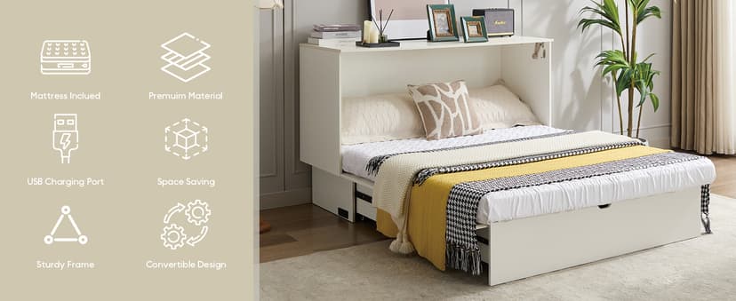 Queen Size Murphy Bed Cabinet with Charging Station & Storage Drawer, Wall-Mounted Tri-Fold Mattress Space Saver for Bedroom, Living Room, Office - White