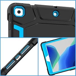CCMAO iPad 9th Generation Case, iPad 8th/7th Generation Case, iPad 10.2 2021/2020/2019 Case with Kickstand, Heavy Duty Shockproof Hybrid Three Layer Protective Cover for Kids Boy Girl, Black+Sky Blue